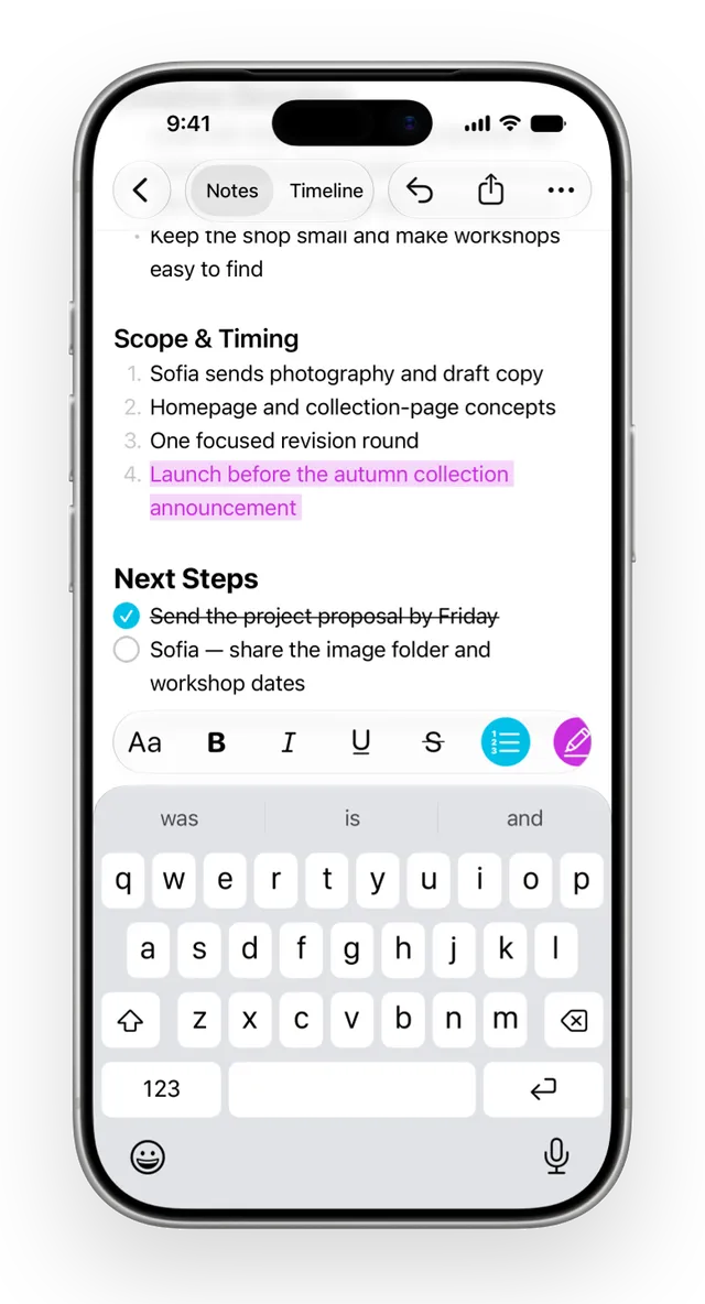 Editing a Convoxa note with the formatting toolbar open
