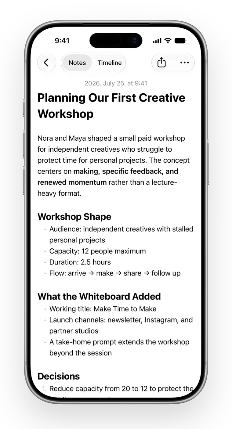A Convoxa note on iPhone, with headings, decisions, and next steps written from the conversation