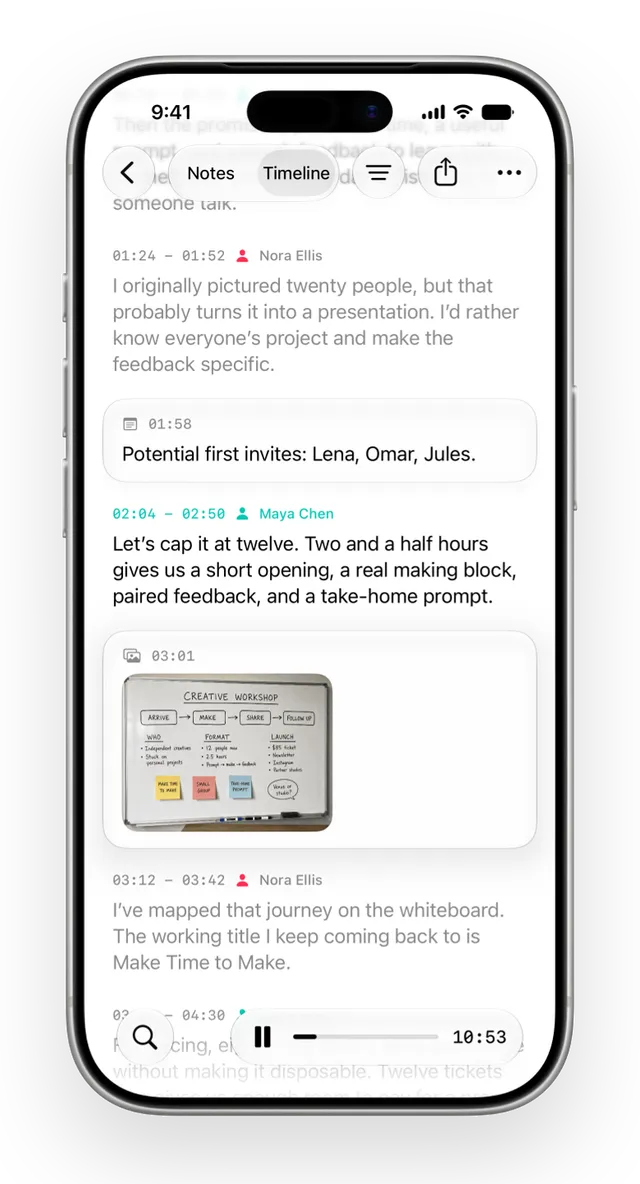Convoxa timeline view with timestamped, speaker-attributed lines